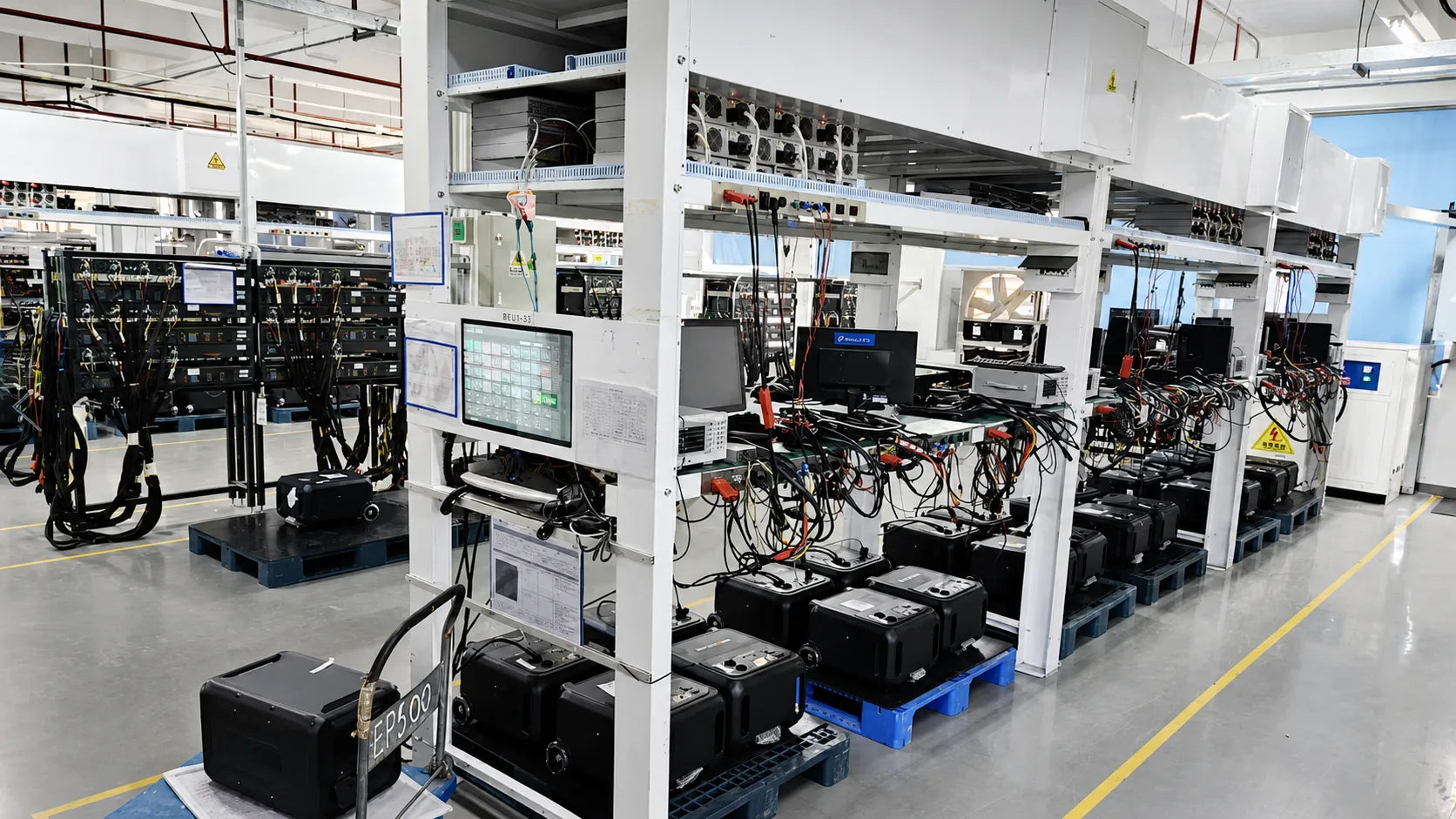 Black battery packs connected to testing equipment and monitors in an industrial facility
