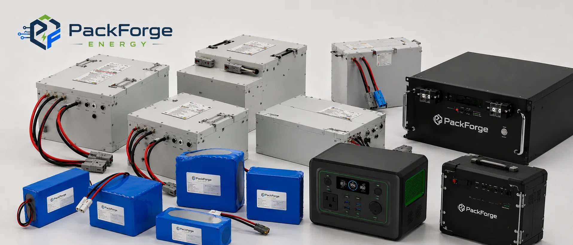 Various PackForge battery packs and power stations displayed on white background